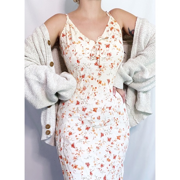 Vintage Y2K Dainty Butterfly Floral Printed Peachy Cream Midi Dress NWT - Picture 2 of 8